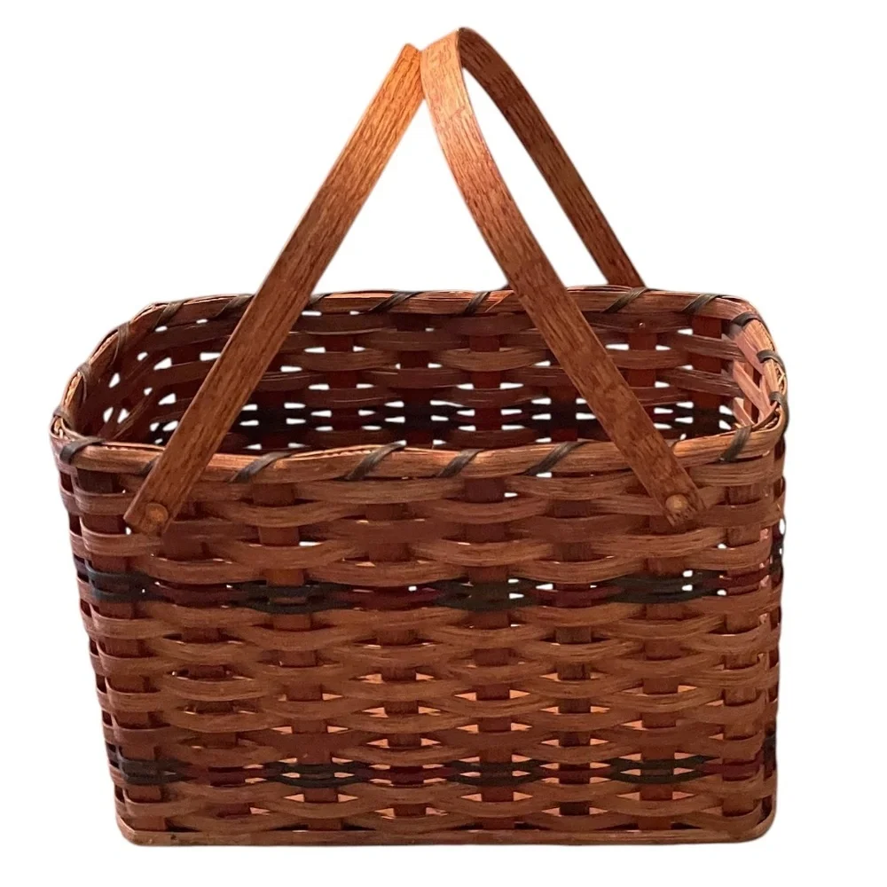 NEW Large Hand Crafted‎ Reddish Brown Amish Wood Slat Basket, Bent Wood Handle